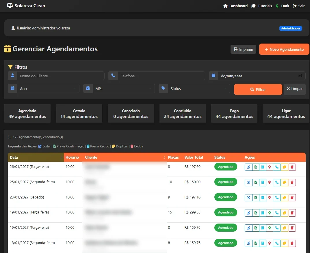 Tela Gerenciar Agendamentos com filtros, contagem por status e lista de serviços