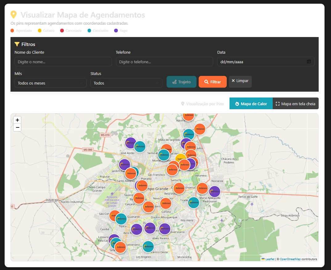 Mapa de Campo Grande com pinos coloridos por status de agendamento