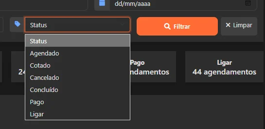 Lista de status do agendamento: Agendado, Cotado, Cancelado, Concluído, Pago e Ligar